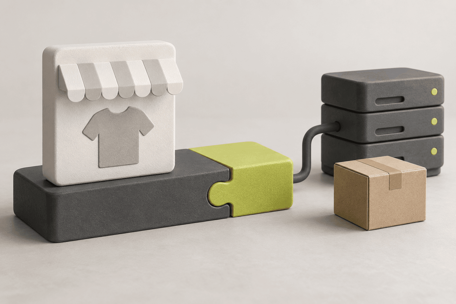 Ein Shop-Modul mit passender Erweiterung, verbunden mit Datenablage und Versandpaket.
