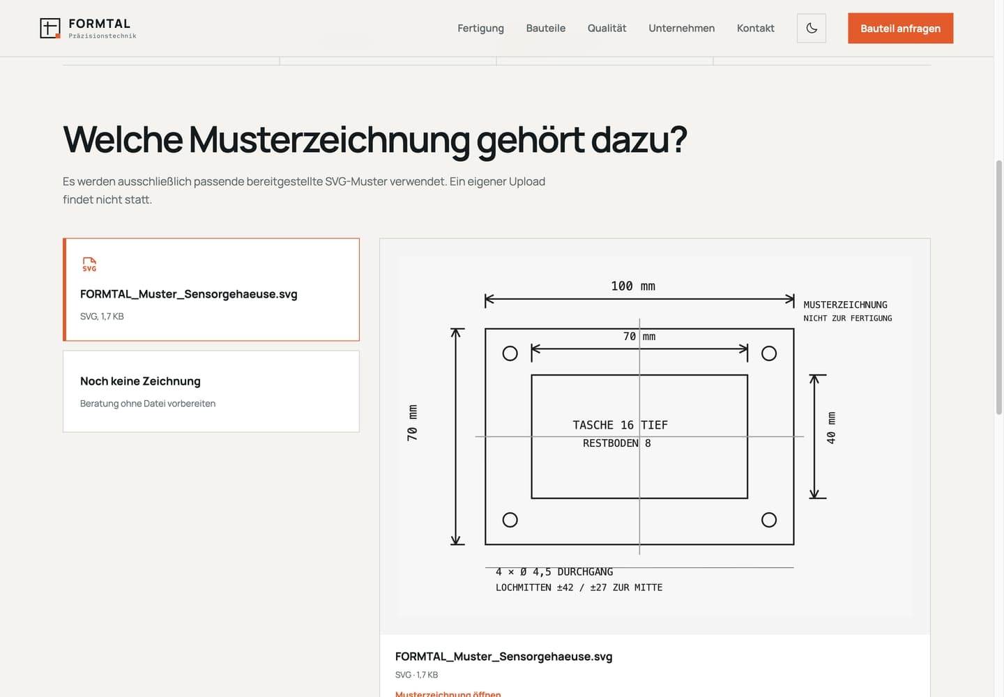 FORMTAL-Demo: geführte Bauteilanfrage mit Musterzeichnungen.