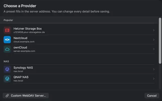 WebDAV Browser für macOS: Anbieterauswahl mit Hetzner Storage Box, Nextcloud, ownCloud, Synology und QNAP.