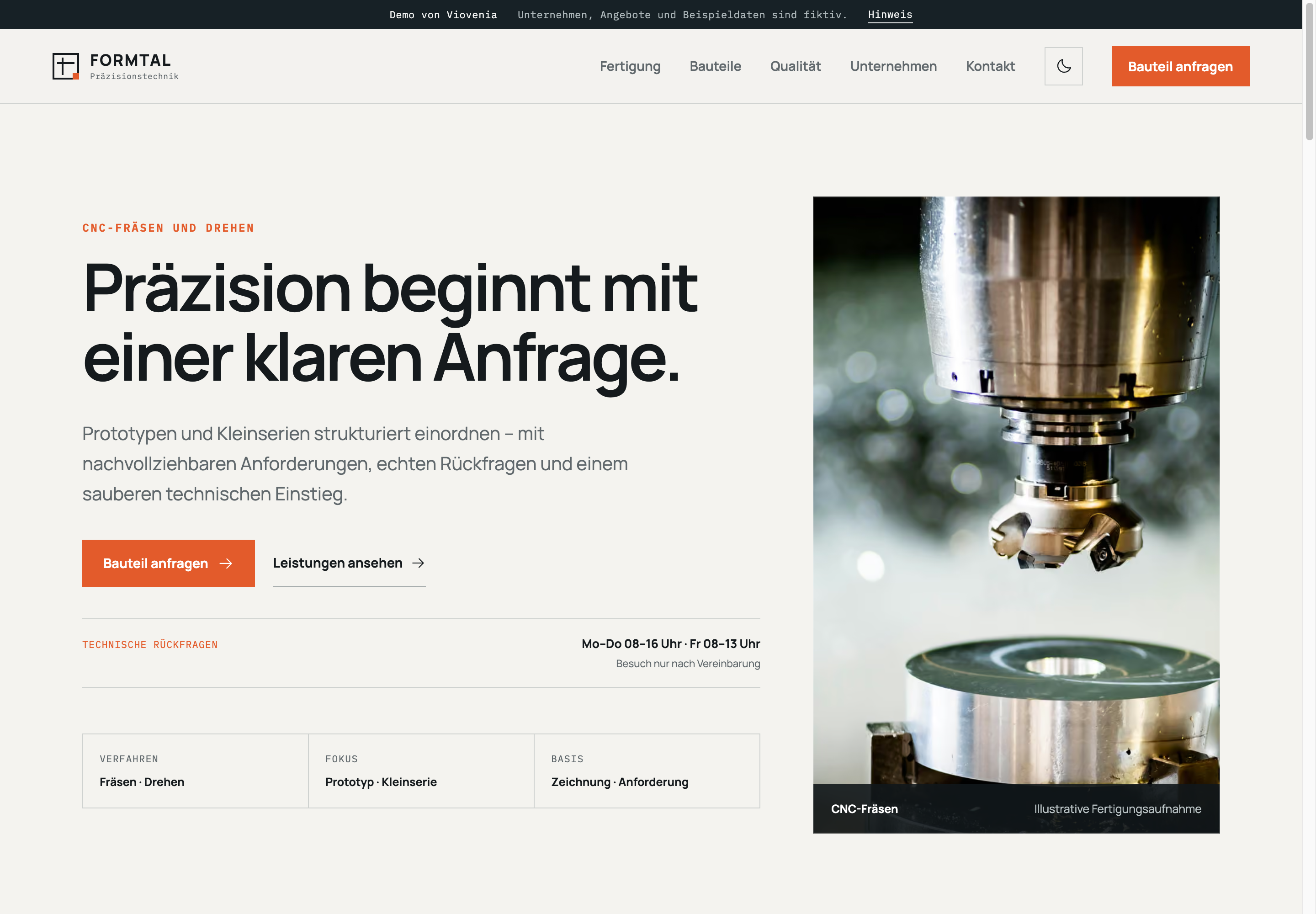 FORMTAL-Demo: Website für Präzisionstechnik mit einer CNC-Fräse, Fertigungsverfahren und Einstieg in die Bauteilanfrage.