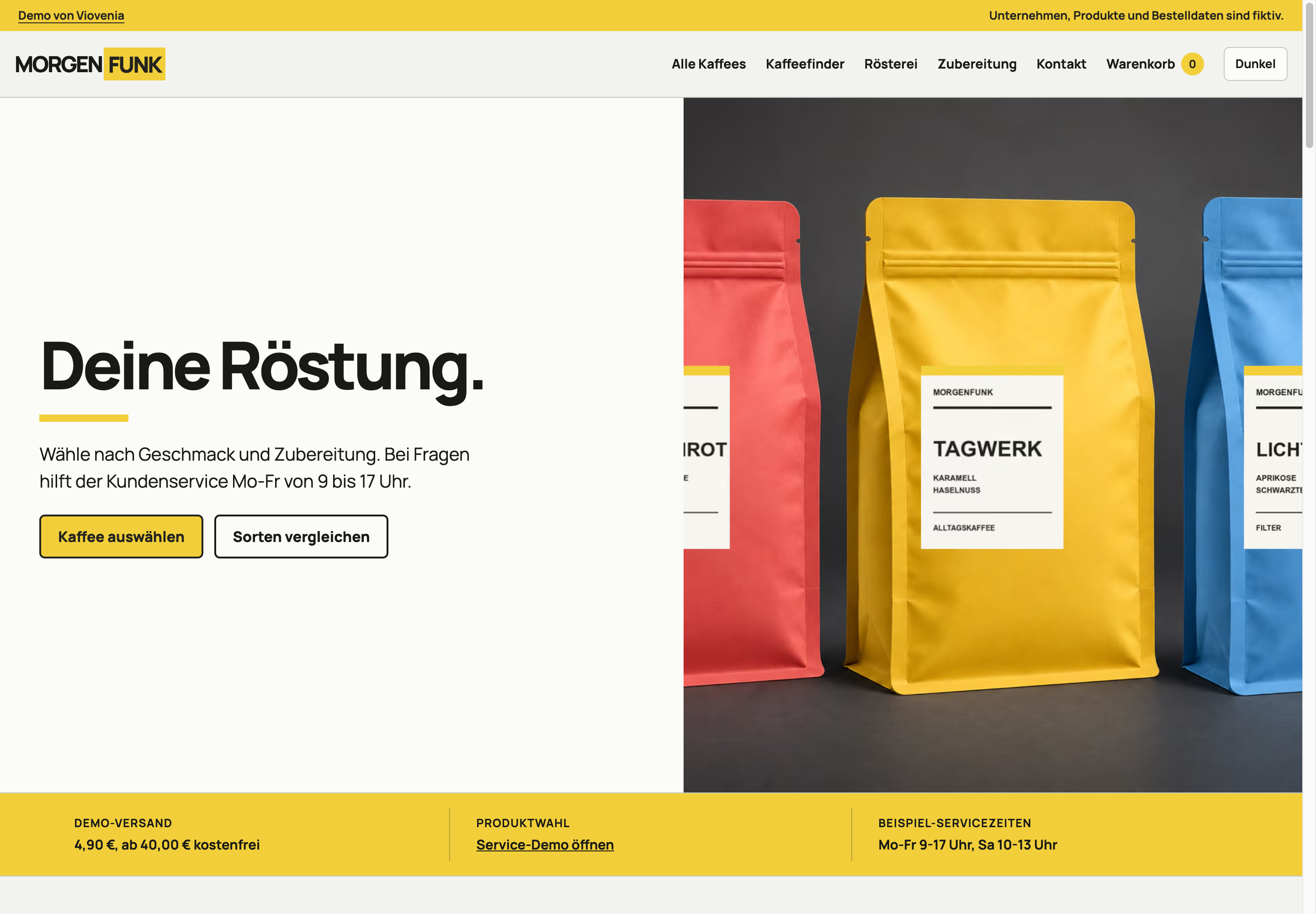 MORGENFUNK-Demo: Startseite einer Kaffeerösterei mit gelben Akzenten, Kaffeepackungen und Einstieg in den Kaffeefinder.