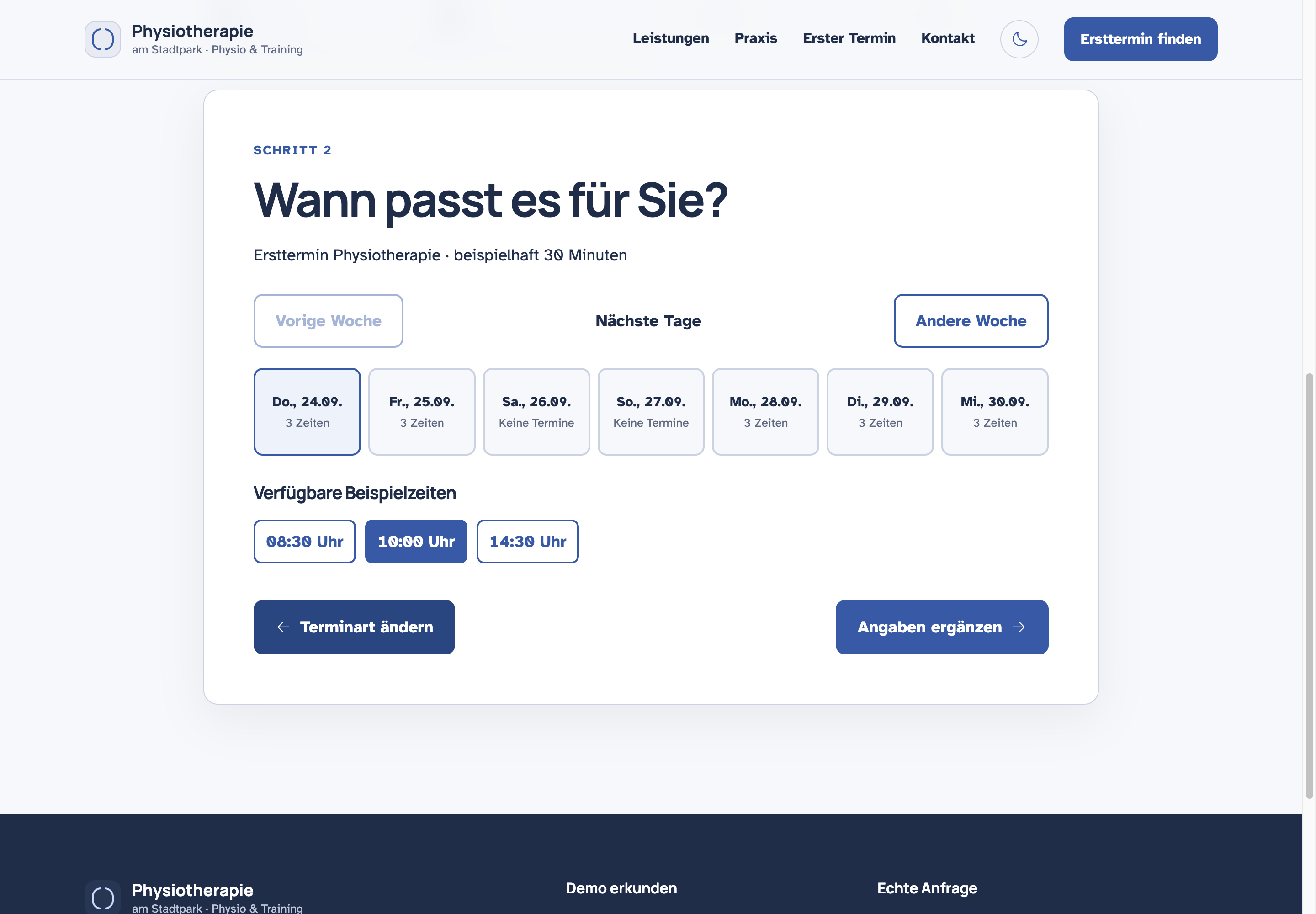 Praxis-Demo: interaktive Terminwahl mit Behandlungsart, Beispieldatum und auswählbaren Uhrzeiten.