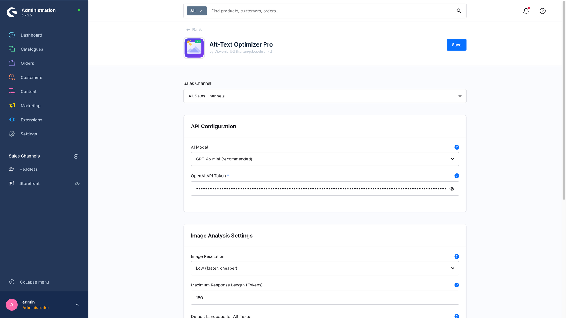 Konfiguration des Plugins: Verkaufskanal-Auswahl sowie die API-Konfiguration mit KI-Modell und OpenAI API-Token.