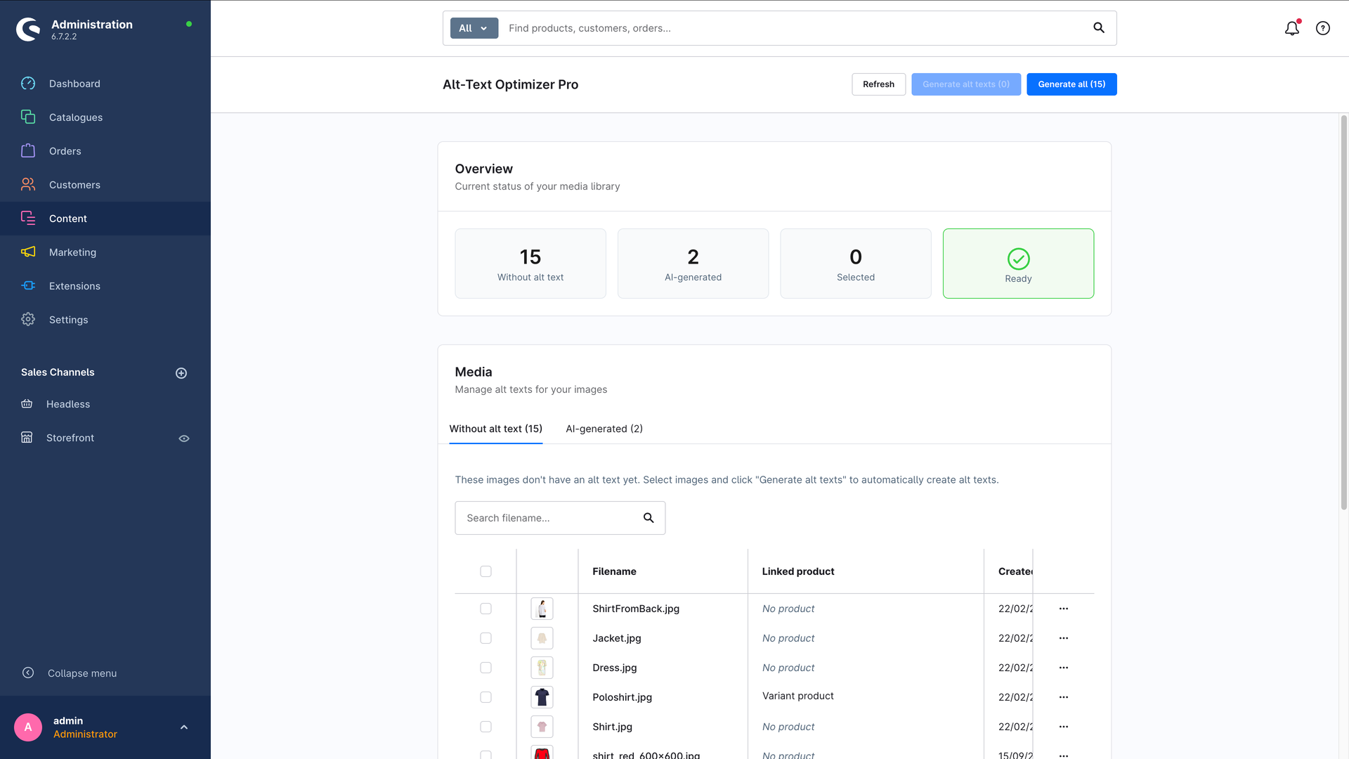 Das Modul Alt-Text Optimizer Pro in der Shopware-Administration: Überblick über Bilder ohne Alt-Text, KI-generierte Bilder und den Status.