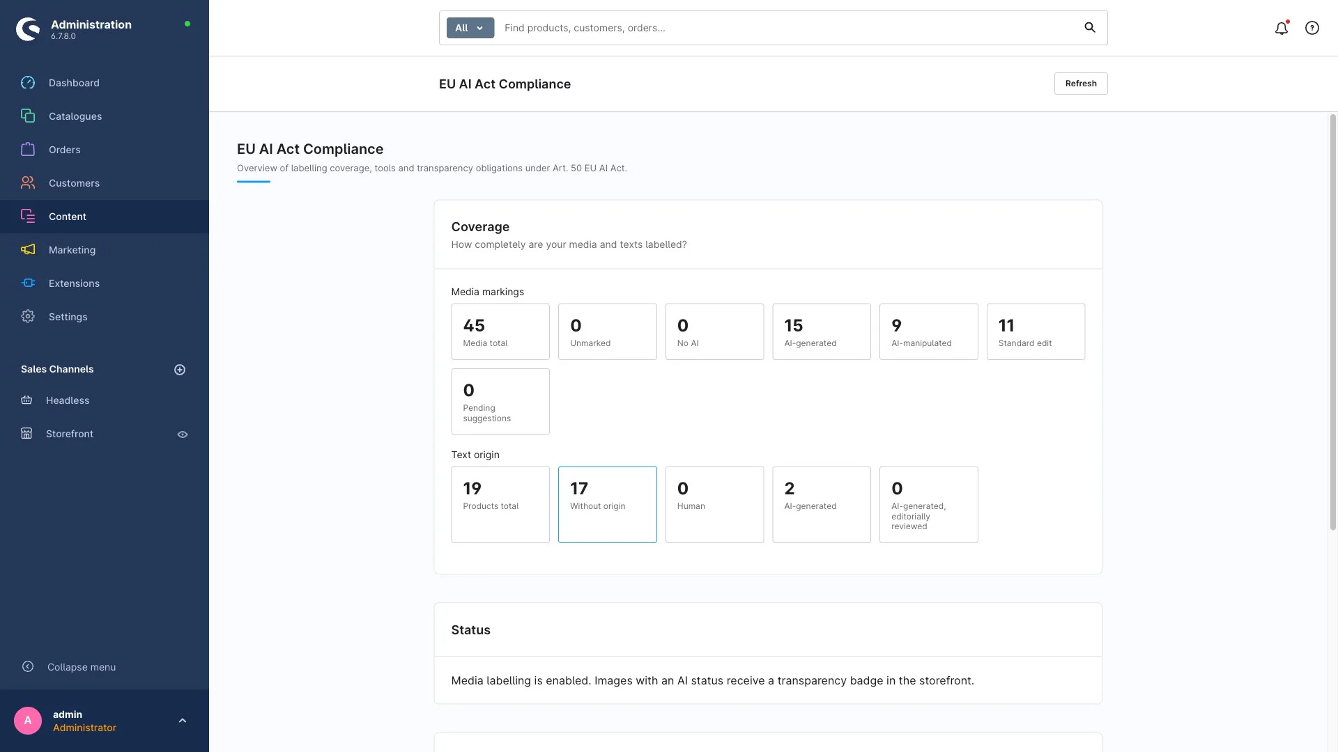 Die Übersichtsseite von EU AI Act Compliance in der Shopware-Administration mit Abdeckungs-Kennzahlen, Status-Verteilung und dem Werkzeuge-Bereich.