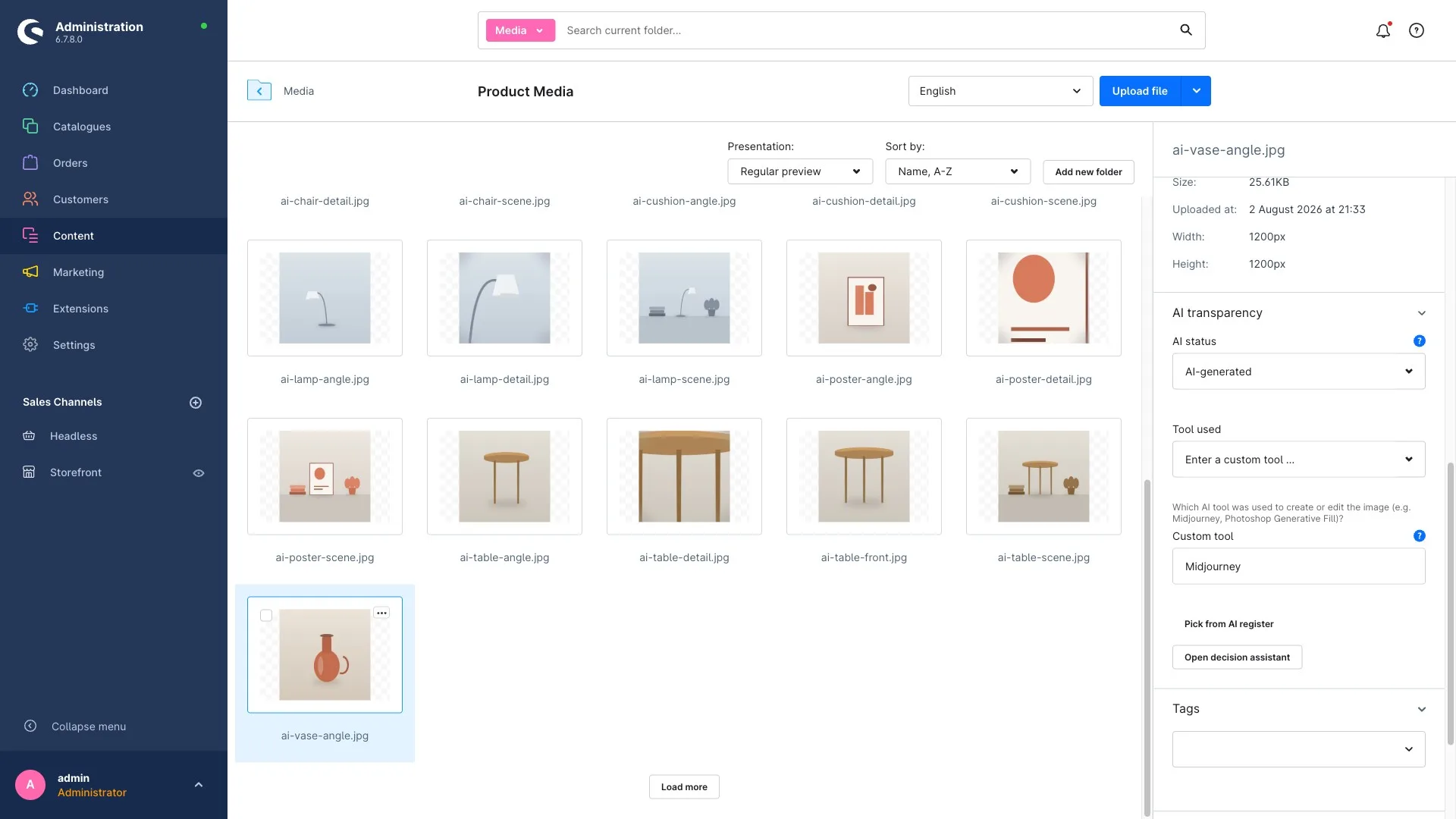 Die Seitenleiste „KI-Transparenz“ in der Shopware-Medienverwaltung mit der Auswahl des KI-Status und dem Feld für das verwendete KI-Werkzeug.