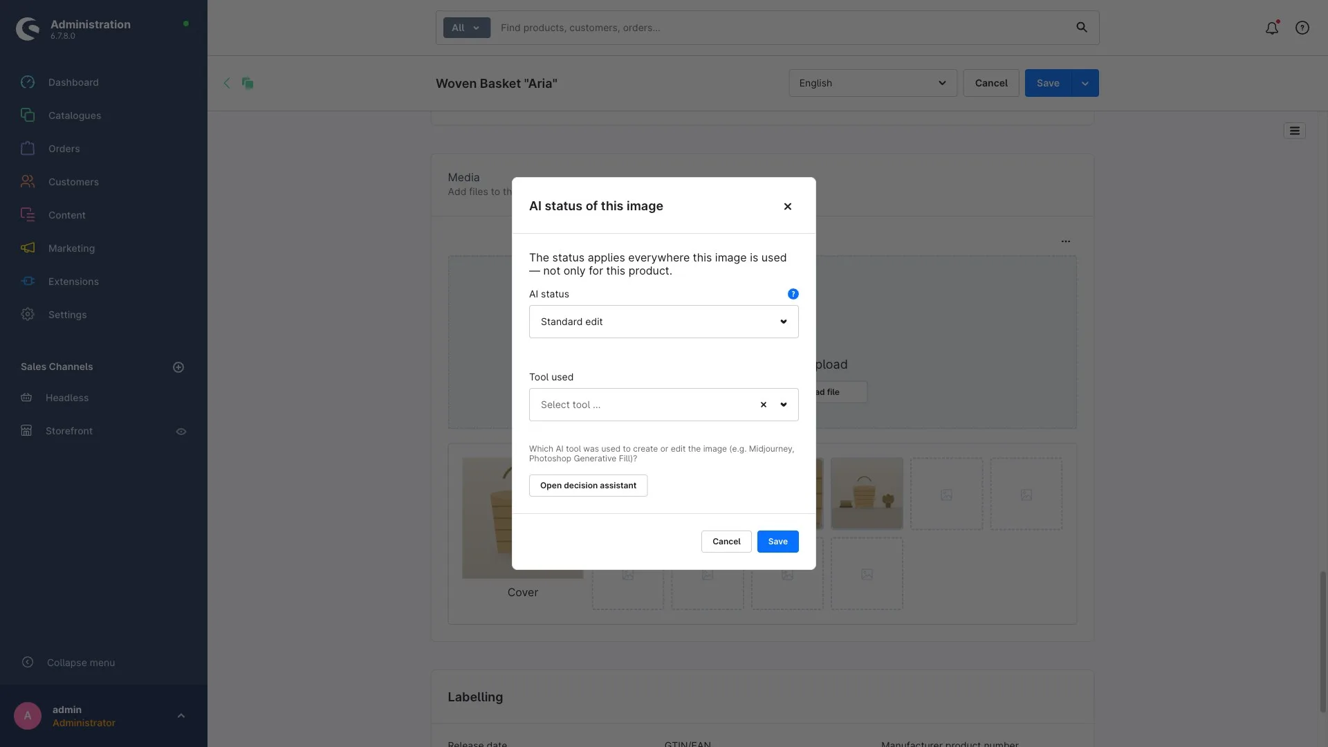 Produktbilder-Ansicht in Shopware: Zu einem Produktbild lässt sich direkt der KI-Status und das eingesetzte KI-Werkzeug setzen.