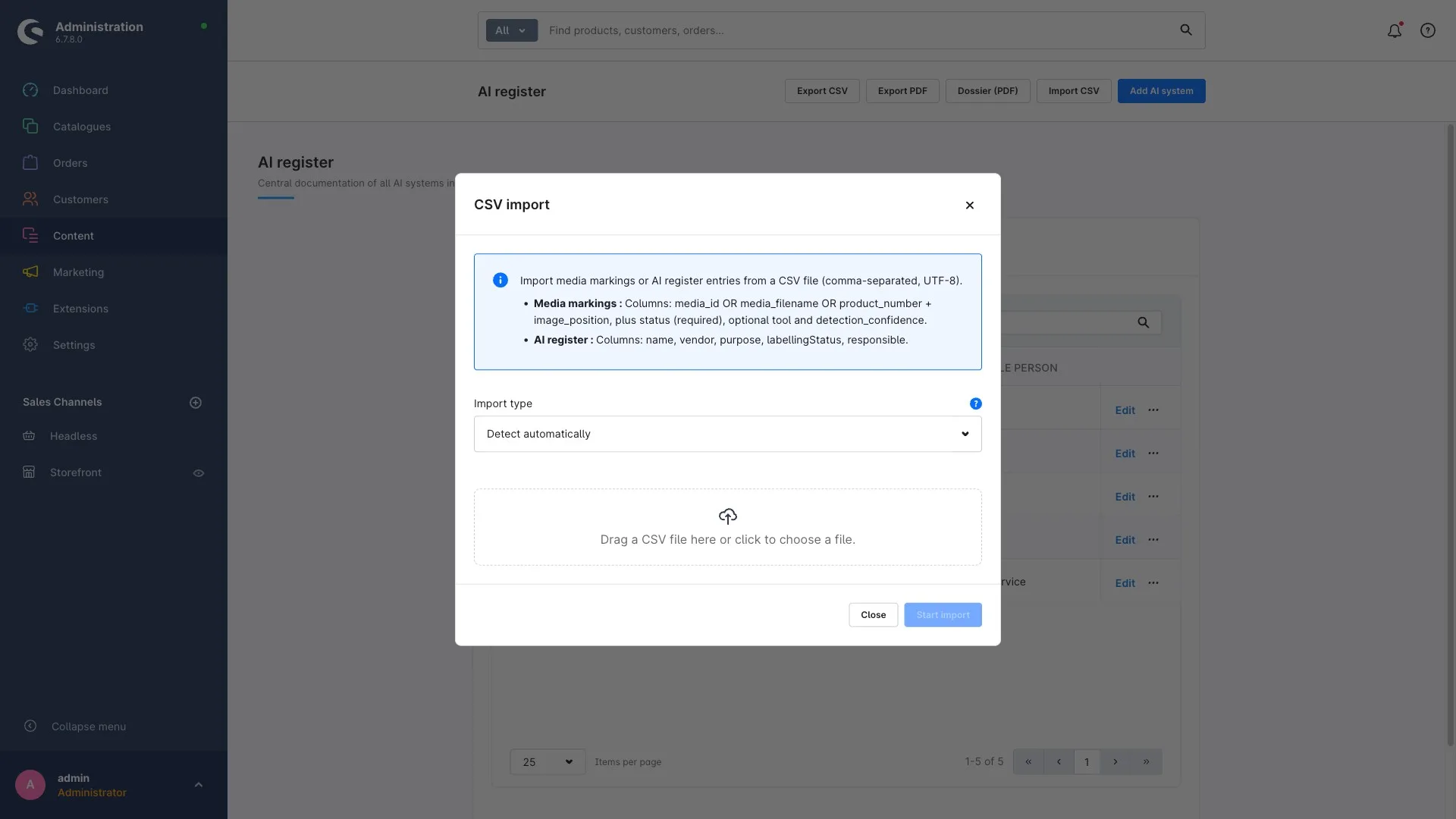 The CSV import dialog in the AI register with the file picker and the import button.