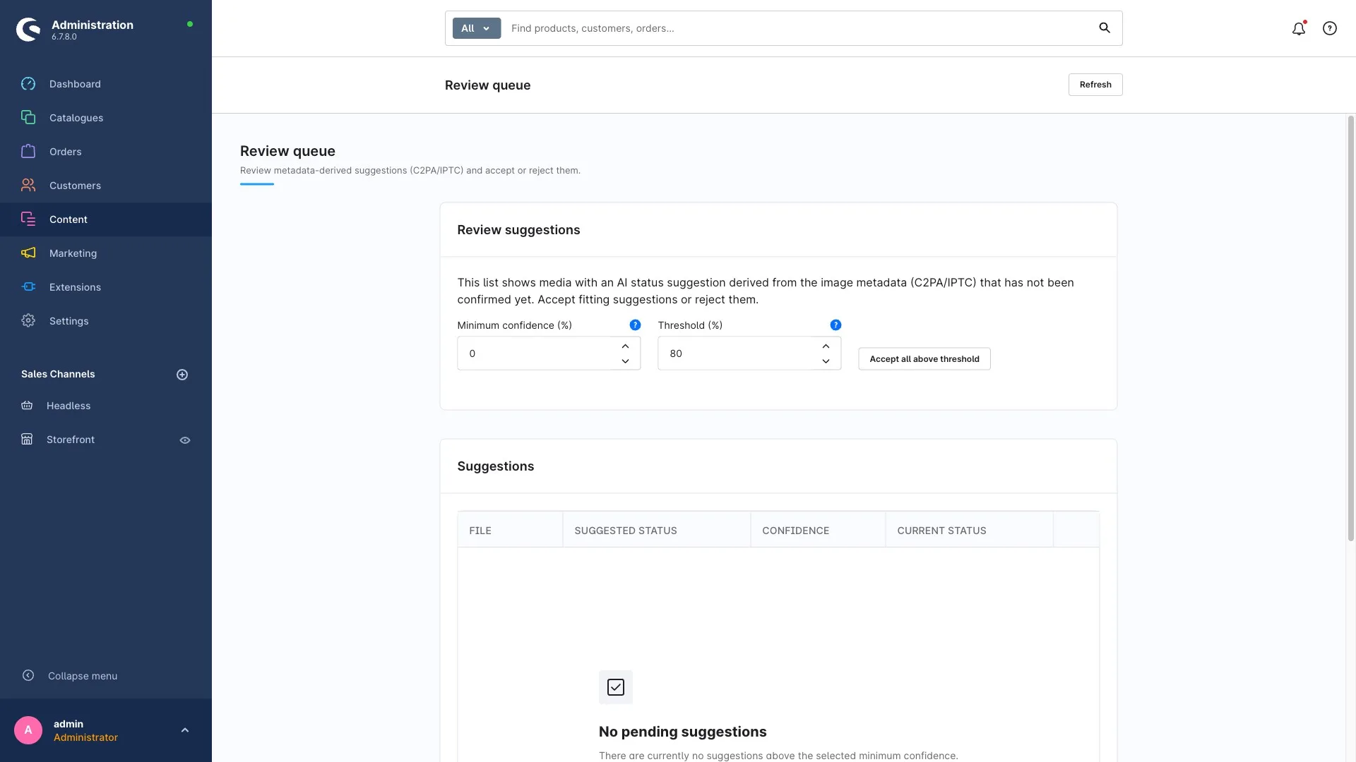Review-Queue im Shopware-Admin: automatische Statusvorschläge aus dem Metadaten-Scan mit Übernehmen- und Ablehnen-Schaltflächen.