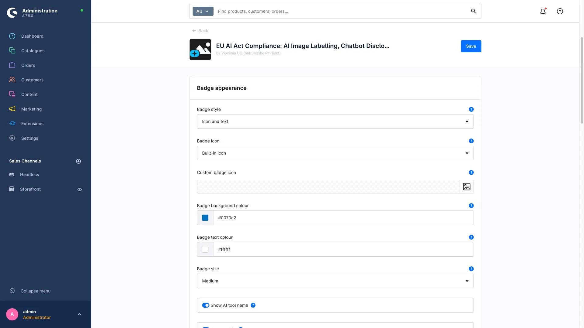Plugin-Konfiguration im Shopware-Admin: Einstellungen zur Badge-Darstellung mit Stil, Farben, Größe und Tooltip.