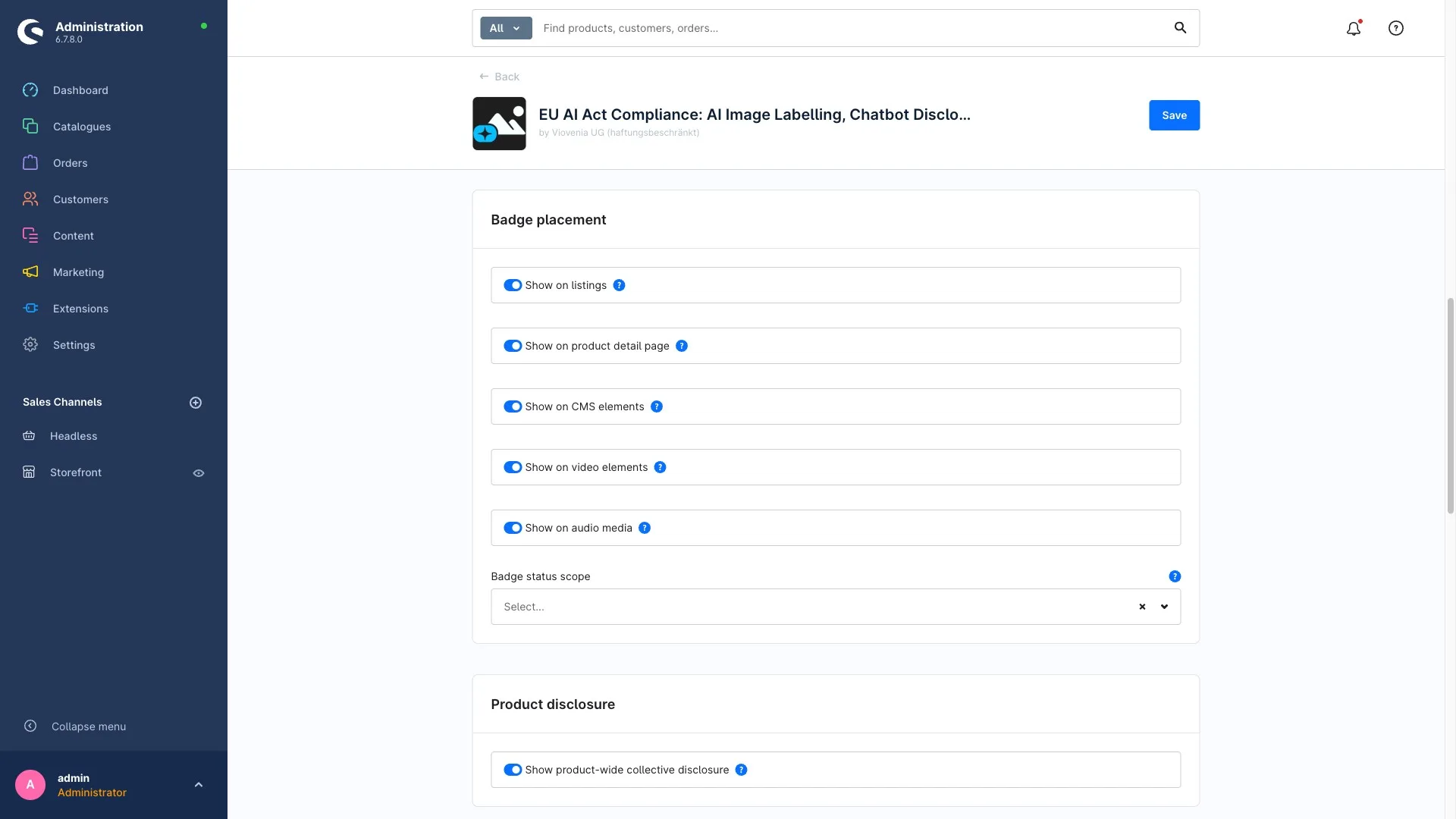 Konfigurationsbereich Badge-Platzierung mit Auswahl der Position auf dem Bild und Schaltern für die Sichtbarkeit in Listing, Produktseite, Erlebniswelten, Video und Audio.
