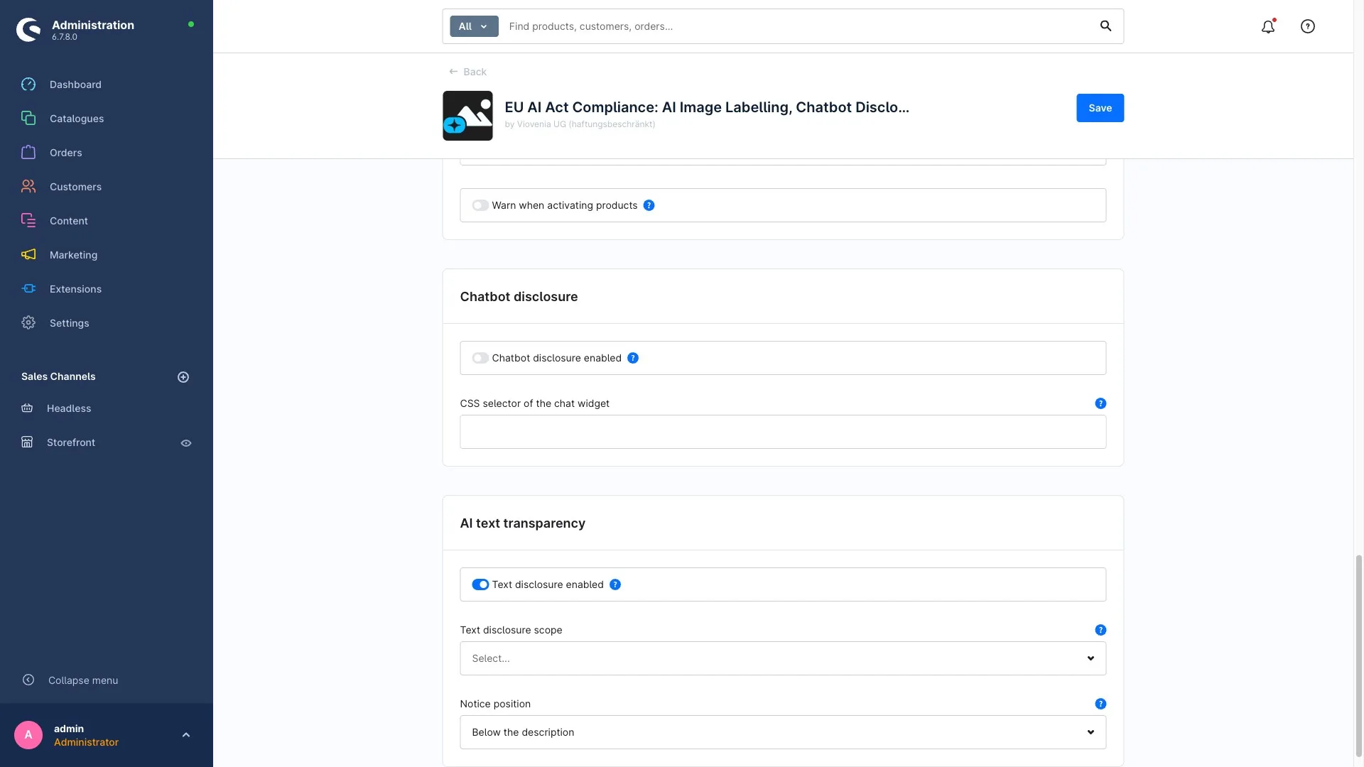 Konfigurationsbereich mit den Einstellungen zum Chatbot-Hinweis und zu den Benachrichtigungen inklusive Coverage-Warnung und Schwellwert.
