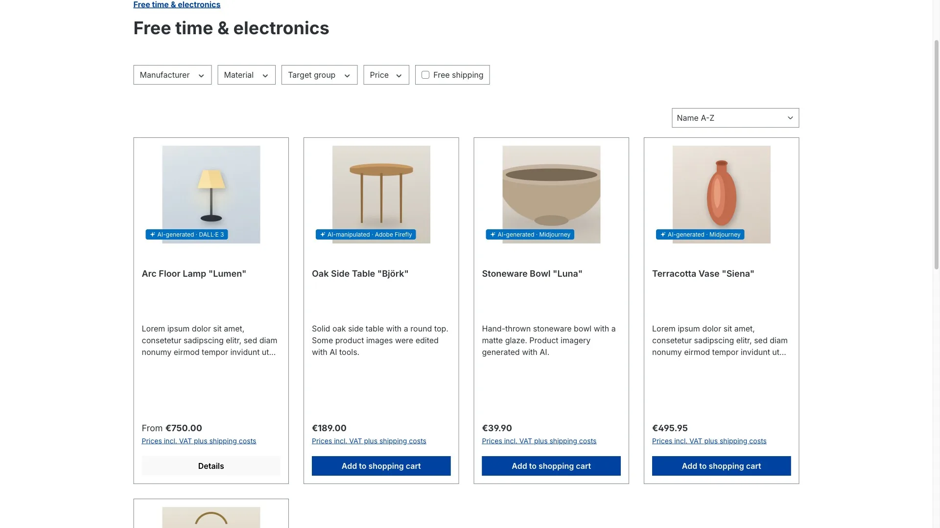 Produktliste in der Storefront: Auf den KI-gekennzeichneten Produktbildern sitzt jeweils ein Transparenz-Badge in der Bildecke.