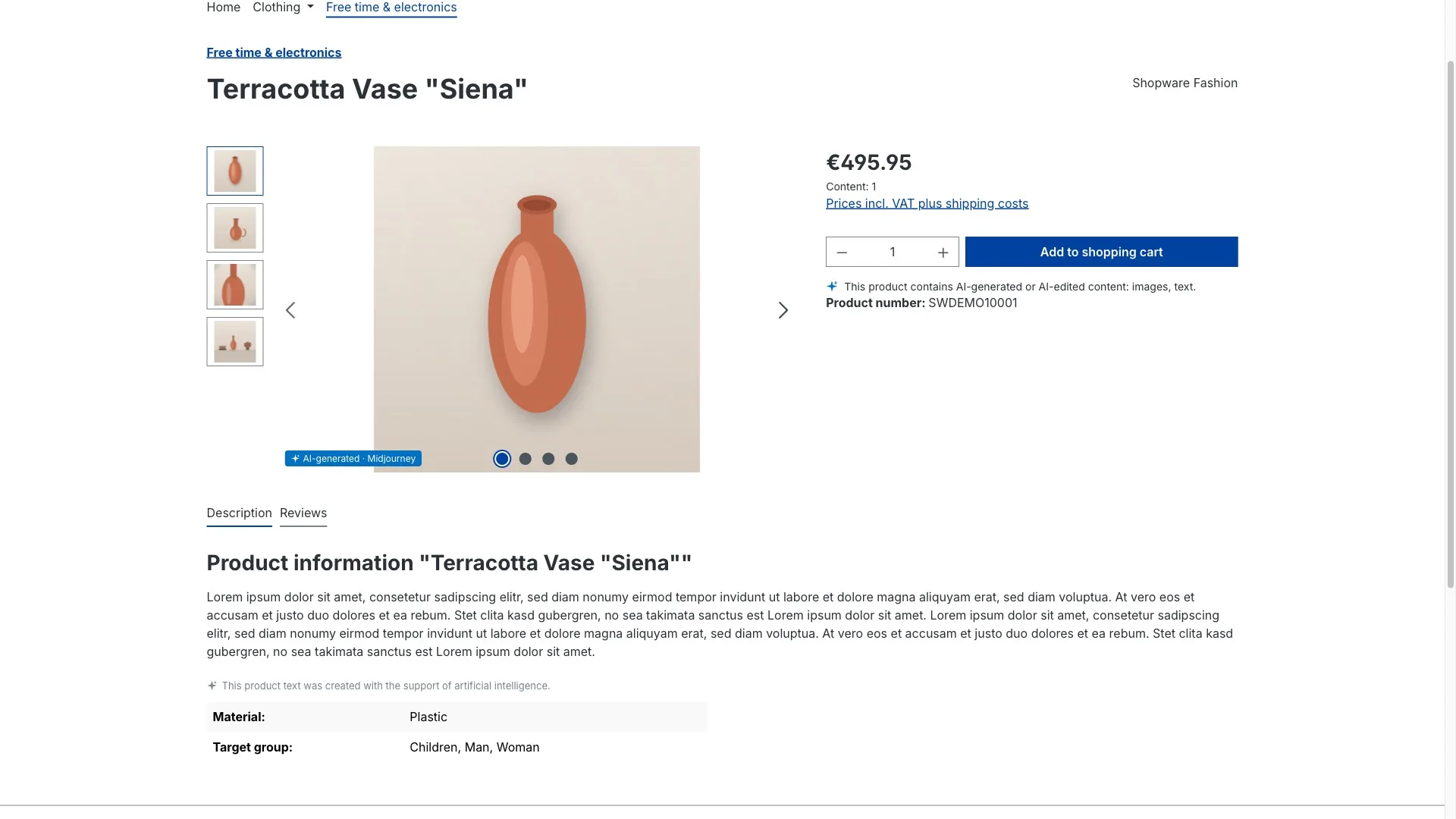 Produktseite in der Storefront: Das Transparenz-Badge liegt auf dem KI-generierten Produktbild, darunter fasst eine Sammel-Offenlegung die gekennzeichneten Inhaltsarten zusammen.