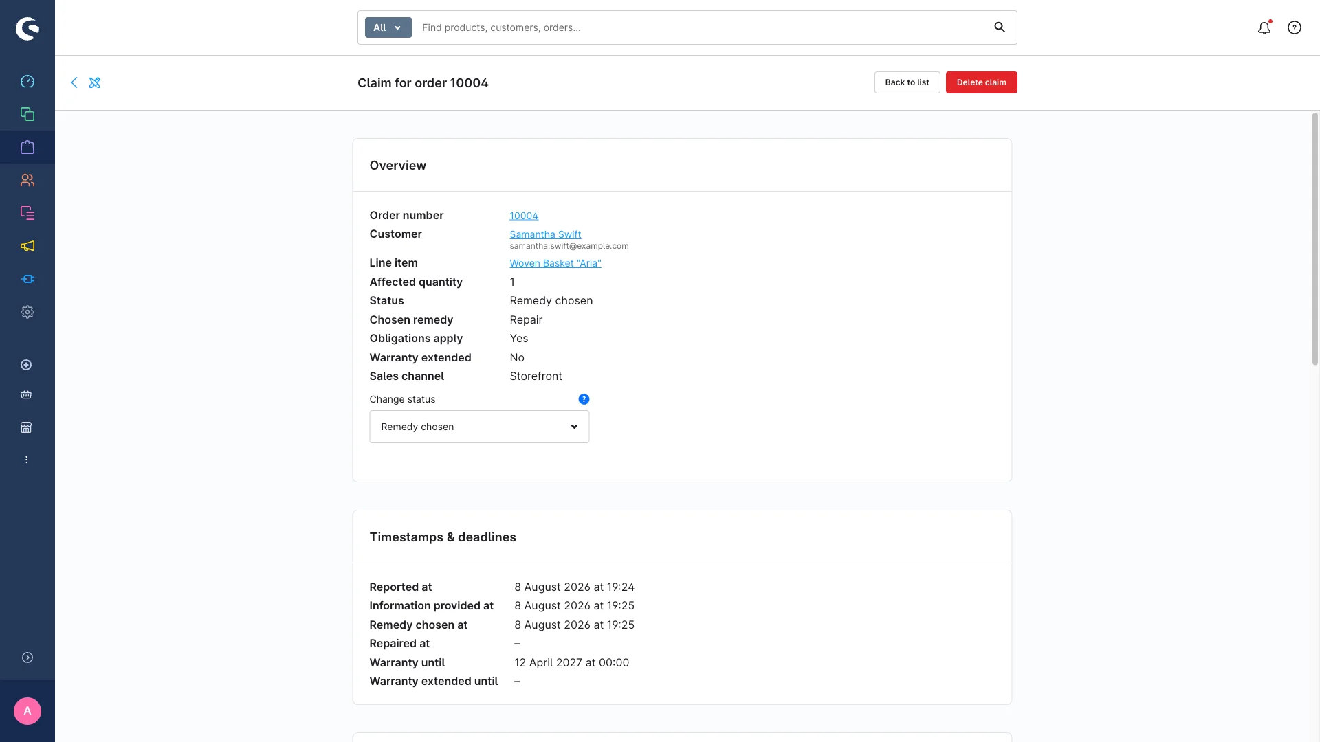 Detailseite einer Reklamation im Shopware-Admin mit Übersicht, Zeitstempeln und Fristen sowie den Workflow-Schaltflächen.