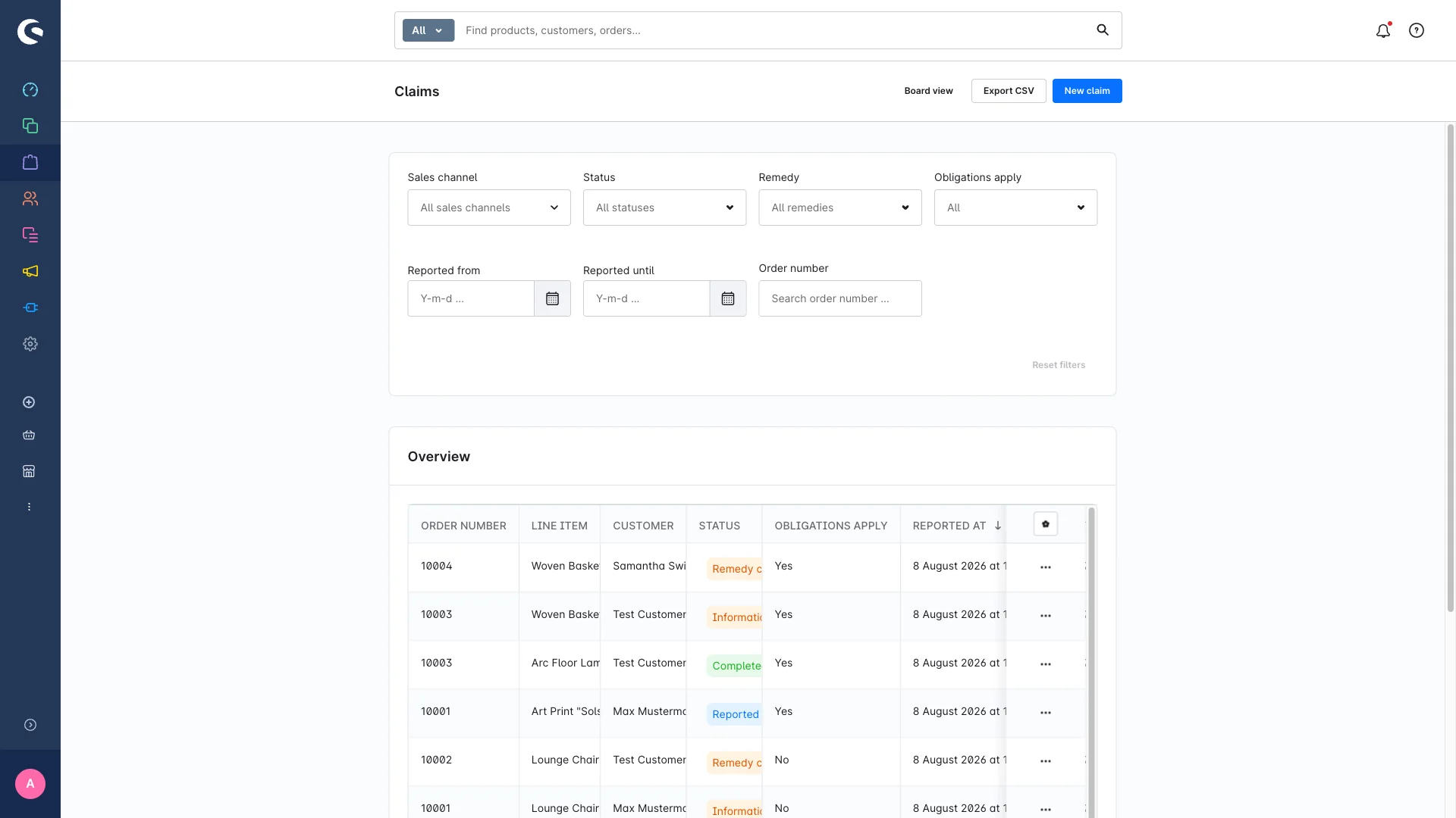 The claims list in the Shopware administration with columns for order number, line item, status, obligations and deadlines.