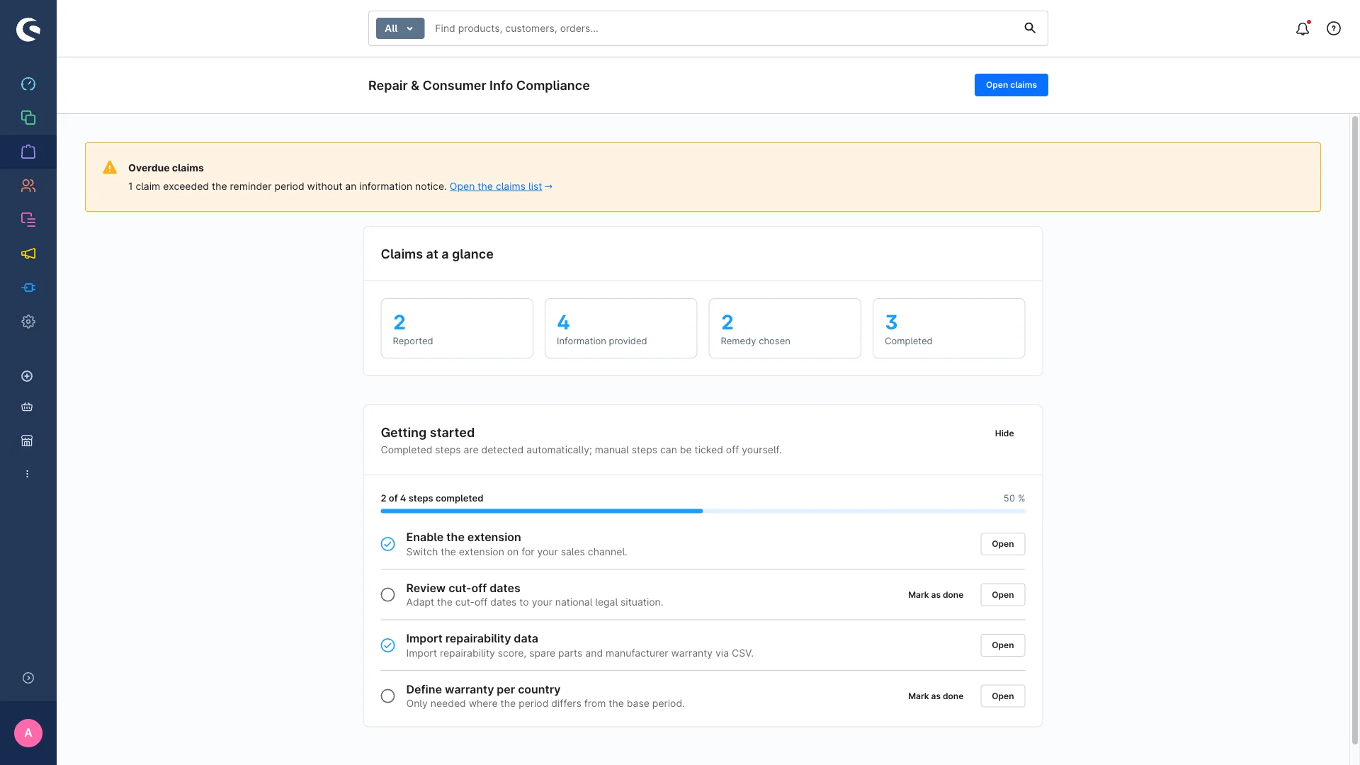 Die Übersichtsseite von Recht auf Reparatur & EmpCo in der Shopware-Administration mit der Checkliste „Erste Schritte“, der Status-Karte und den Import-Karten.
