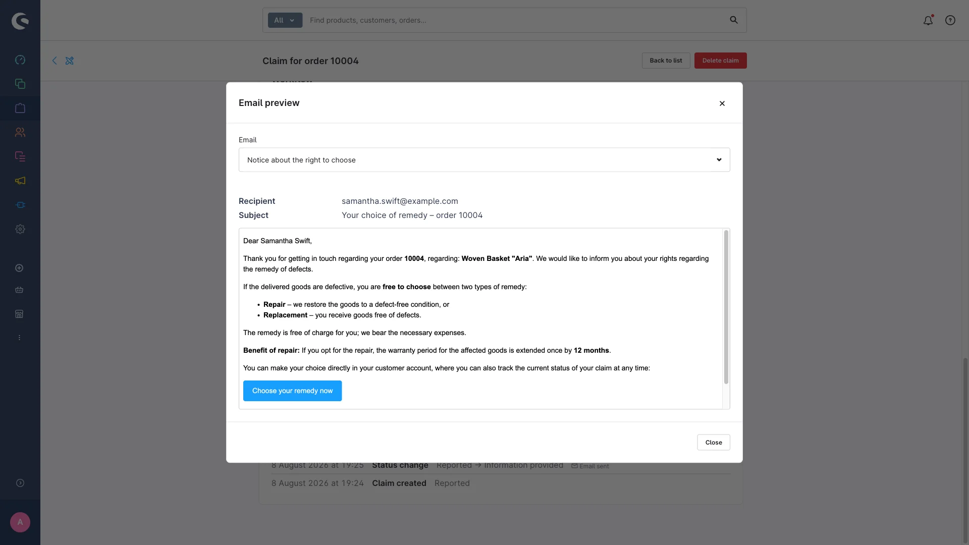 E-Mail-Vorschau im Shopware-Admin: Betreff, Empfänger und gerenderter Inhalt der Kunden-E-Mails zu einer Reklamation, ohne Versand.