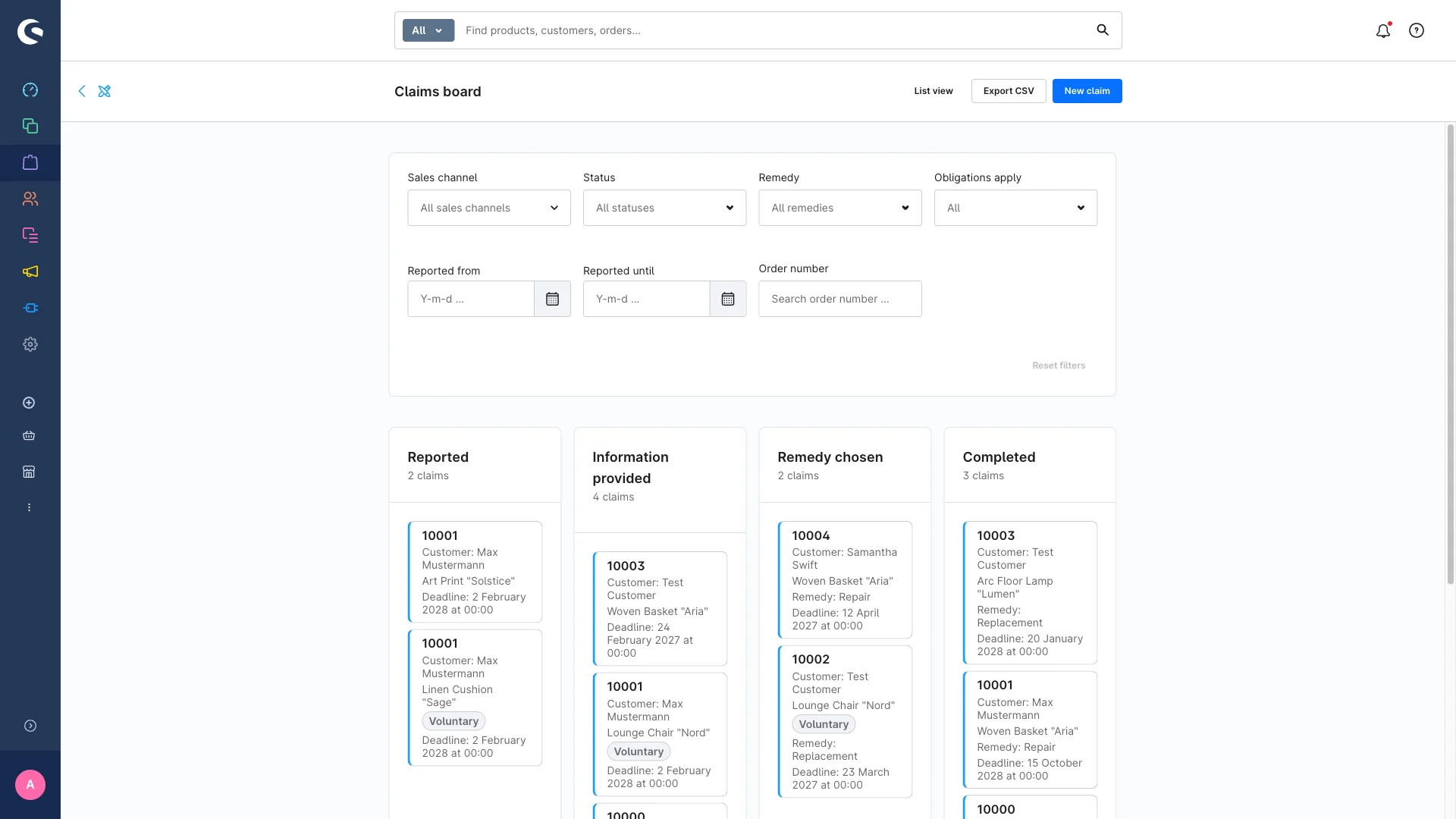 Kanban-Board im Shopware-Admin mit vier Status-Spalten und Reklamations-Karten, die sich per Drag & Drop verschieben lassen.