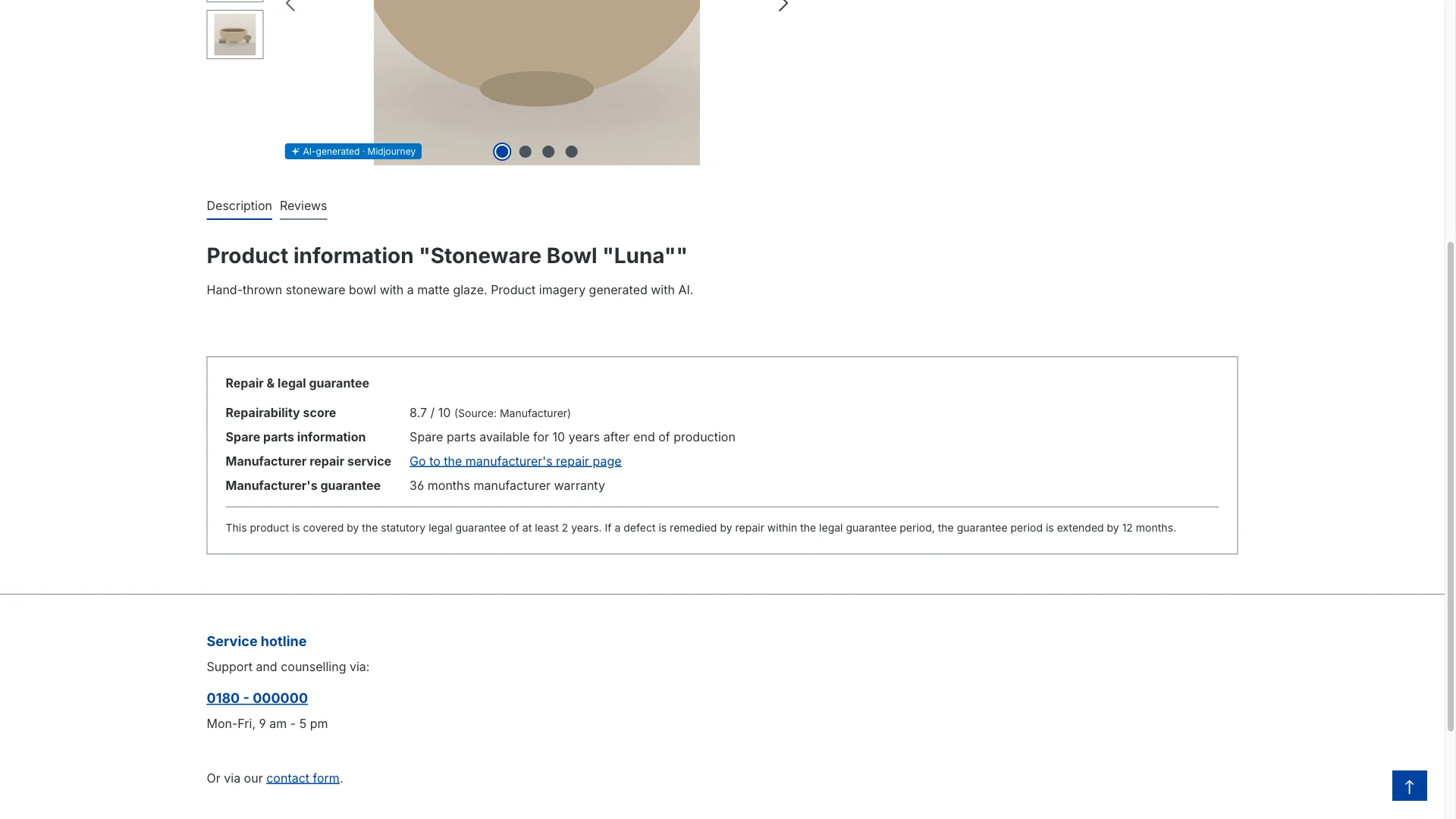 Produktseite in der Storefront mit dem Info-Block „Reparatur & Gewährleistung“: Reparierbarkeitswert mit Skala und Quelle, Ersatzteil-Angaben und Link zur Reparaturseite des Herstellers.
